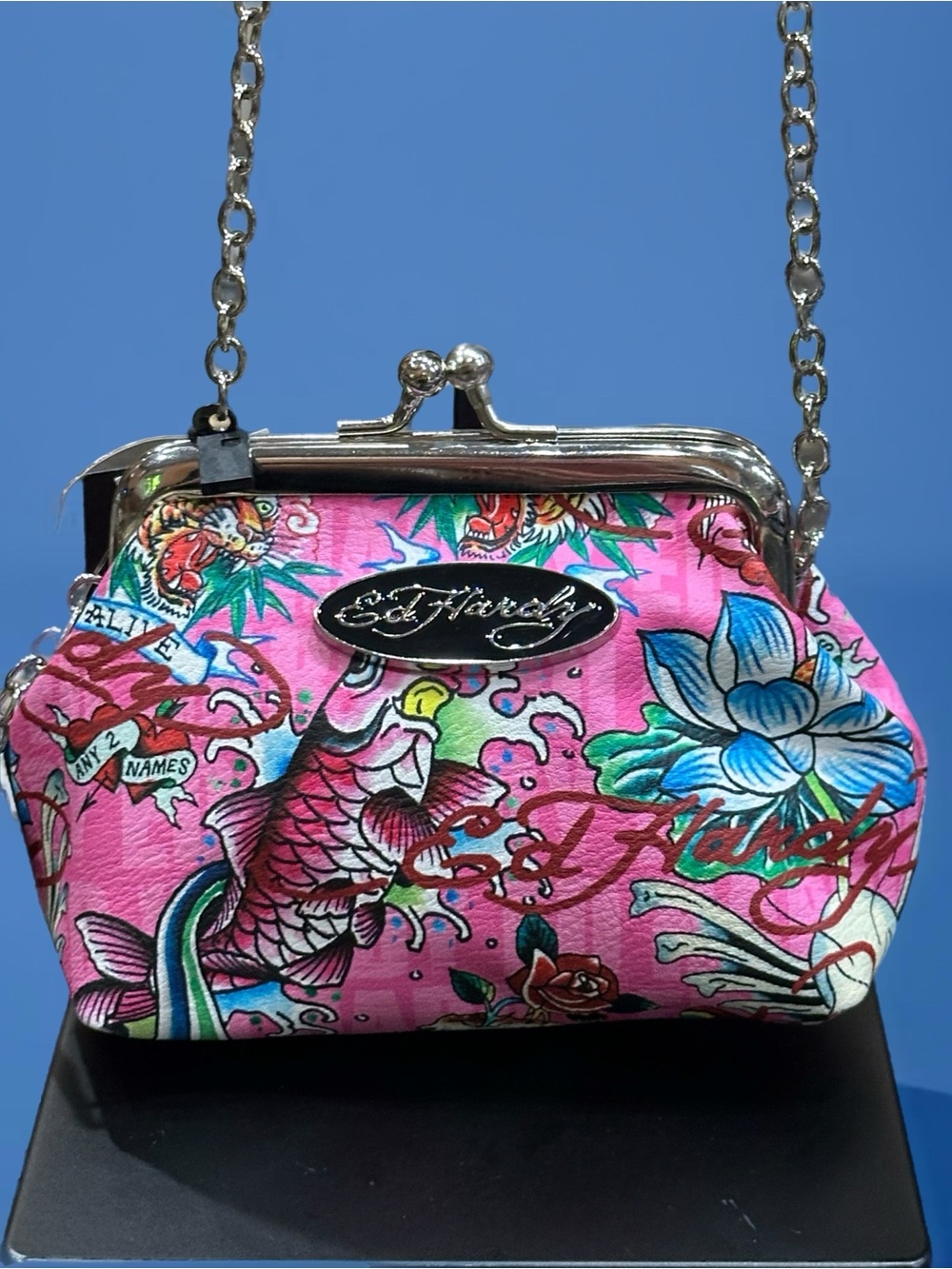 Ed Hardy Pink Floral Mini Crossbody with Silver Chain - Picture 2 of 4